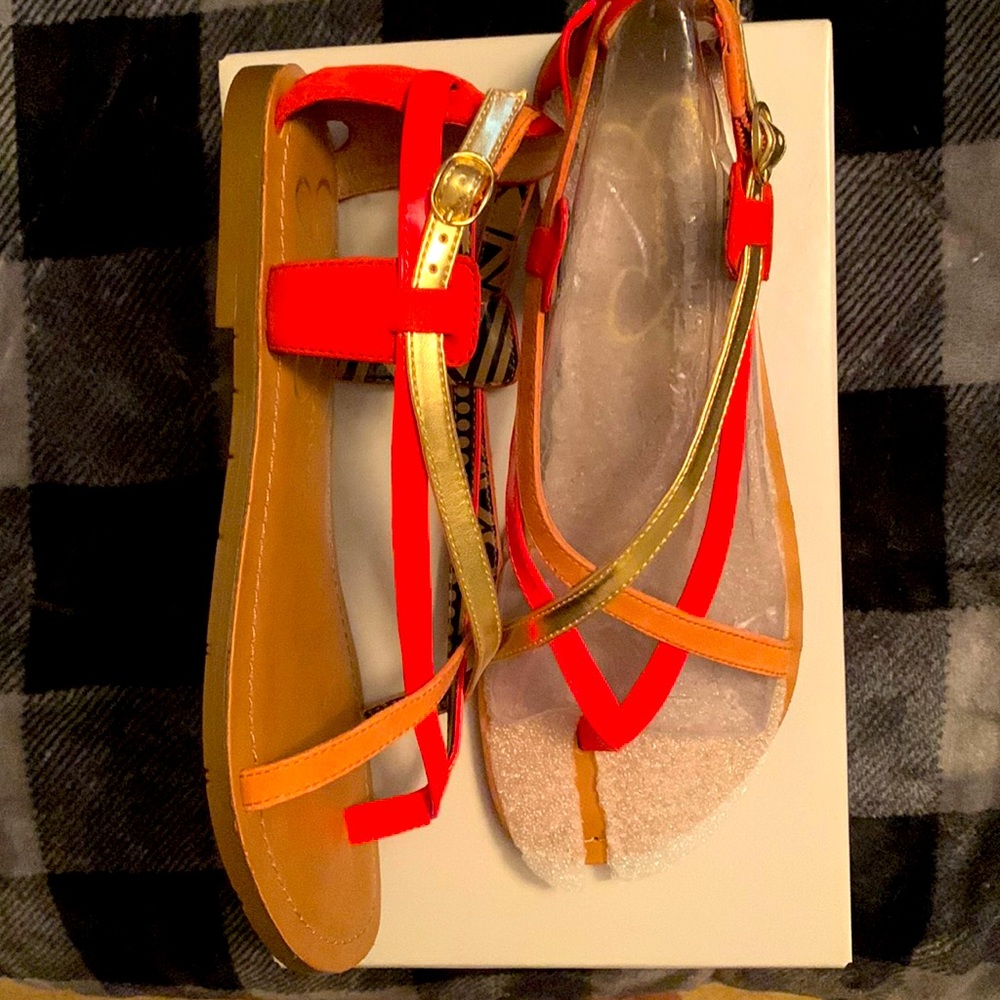 Jessica Simpson Red Orange Gold Strappy Toe-Post Sandals